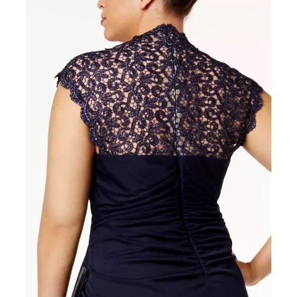 XSCAPE Size 16 Navy Metallic Lace Sleeve Chiffon Ruffled Cascade Gown Dress New - Picture 4 of 12